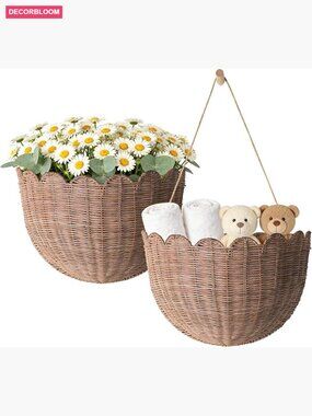 Handwoven Rattan Scalloped Wall Basket Set of 2 for Boho Decor